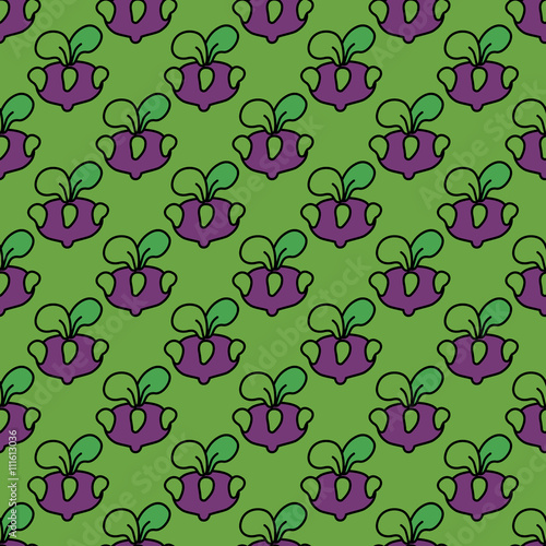 Seamless pattern purple kohlrabi cabbage on a green background.