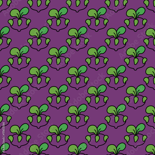 Seamless pattern purple kohlrabi cabbage on a violet background.