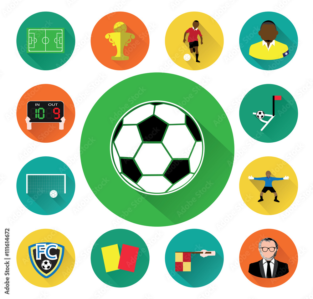 Obraz premium Modern flat soccer icons set with long shadow effect