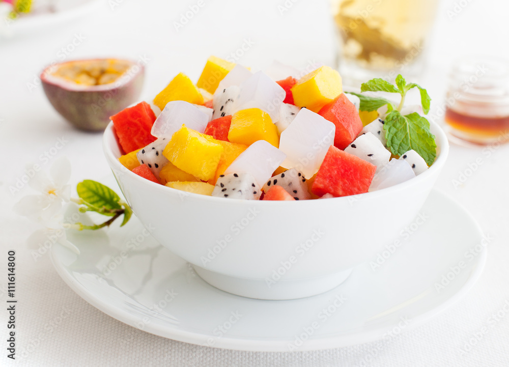 Bowl of fresh exotic fruit salad Healthy breakfast Bowl of fresh exotic fruit salad Healthy breakfast