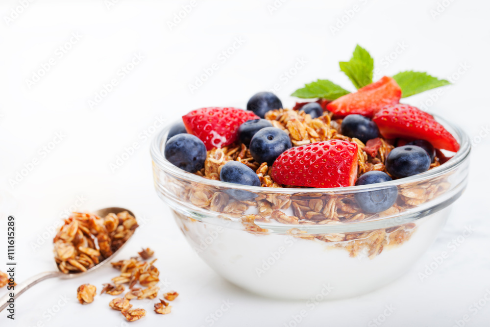 Healthy breakfast Fresh granola, muesli in bowl Healthy breakfast Fresh granola, muesli in bowl