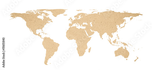 World map on smooth recycle paper isolated on white backgrounds texture map of earth wallpaper backdrop.