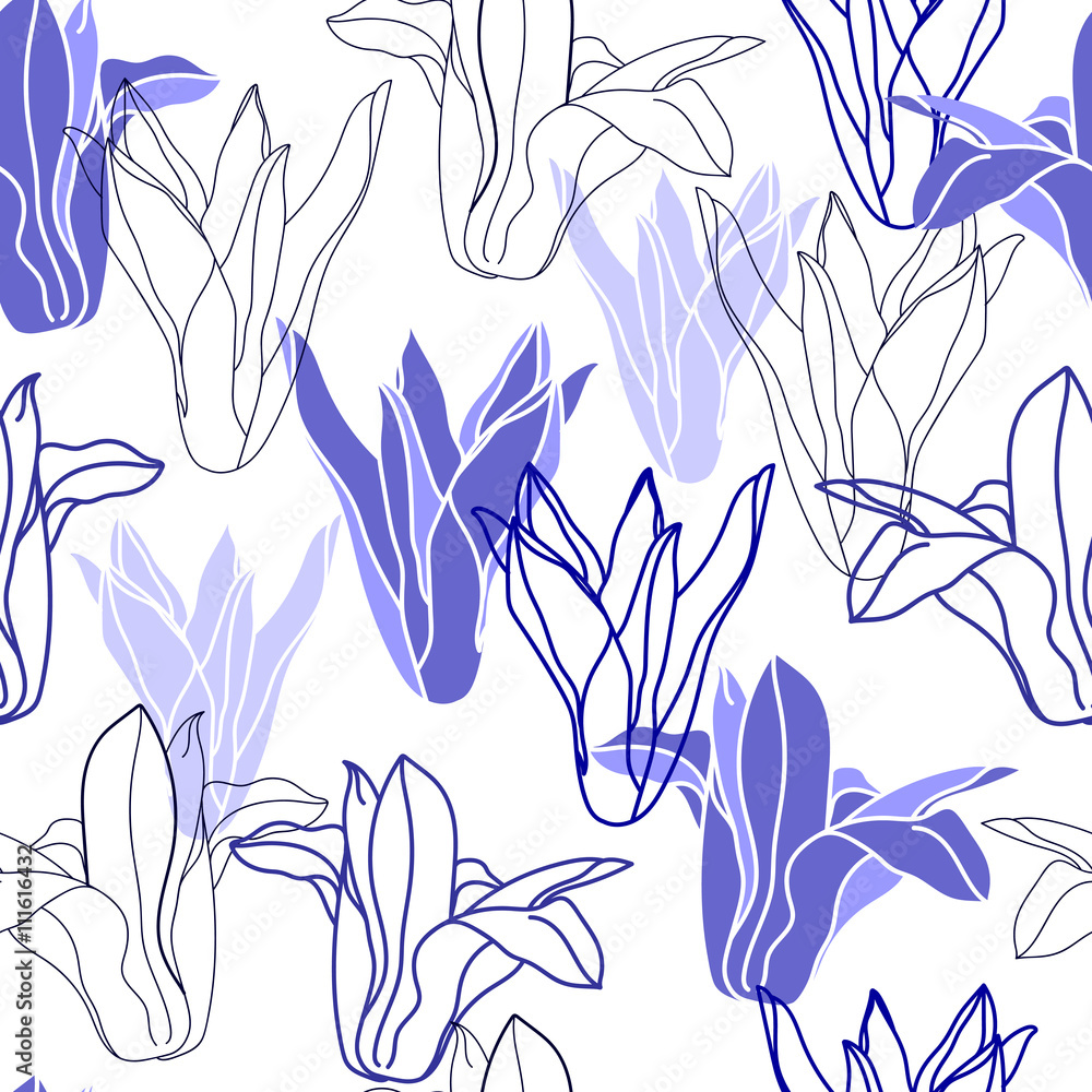Seamless pattern with blue flowers on a white background. Hand drawn ...