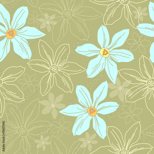 Seamless pattern with colorful flowers. Hand drawn floral texture.