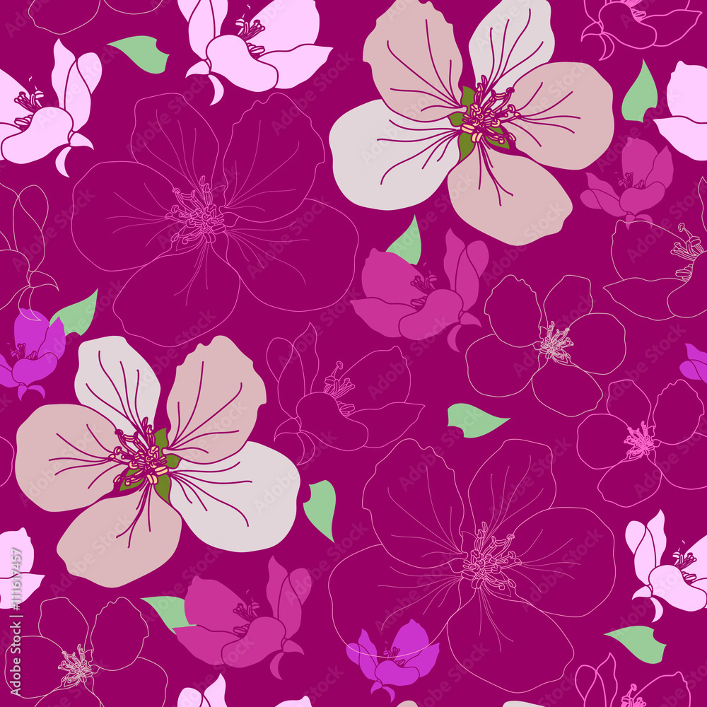 Seamless pattern with colorful flowers. Hand drawn floral texture.