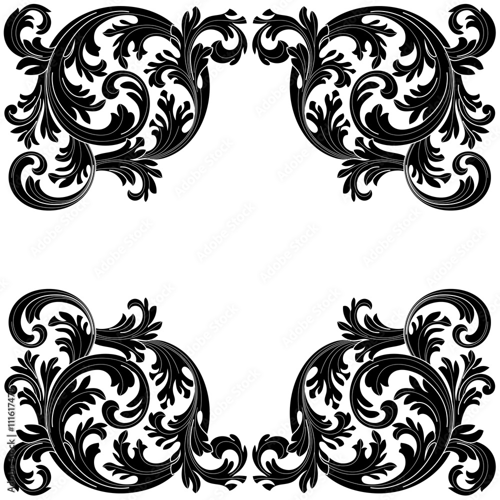 Vintage baroque frame scroll ornament engraving border floral retro pattern antique style acanthus foliage swirl decorative design element filigree calligraphy vector | damask - stock vector