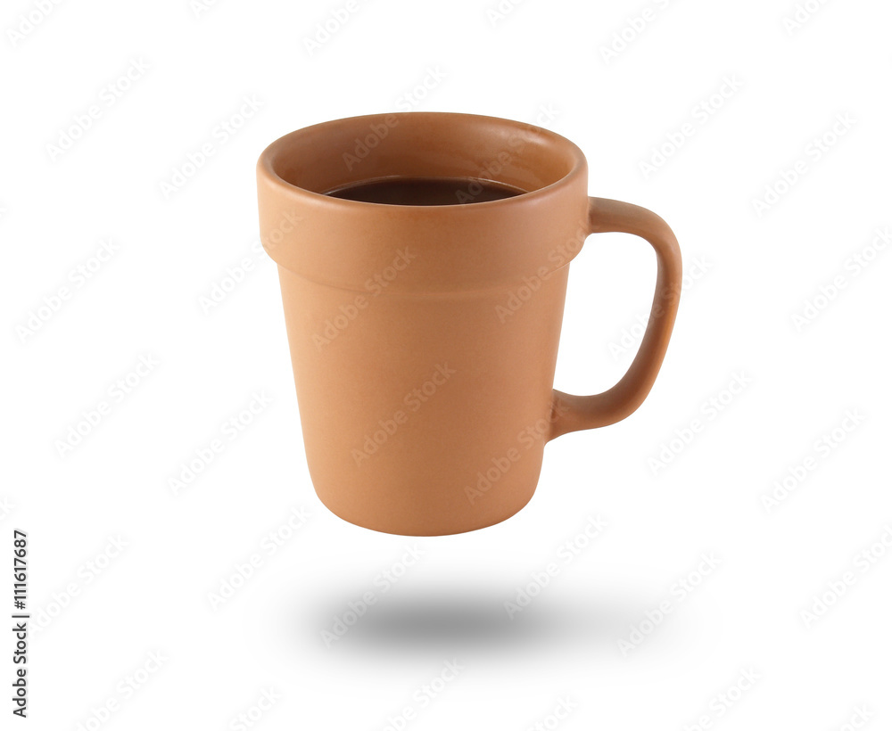 side of floating beige baked clay coffee cup with shadow isolated on white side of floating beige baked clay coffee cup with shadow isolated on white
