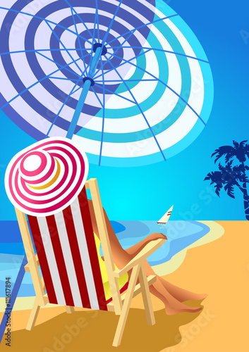 Woman in a wide-brimmed hat is sitting in a deckchair on a tropical beach. Poster in the Art Deco