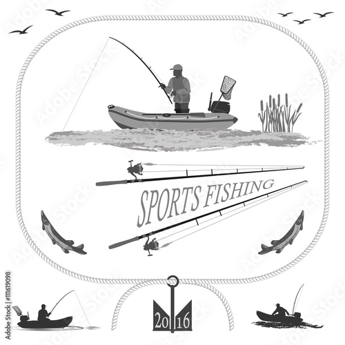 A fisherman in a boat fishing, silhouette. A rubber boat top and side, near Spinning and landing net. fish called Pike.
  totally vector illustration
