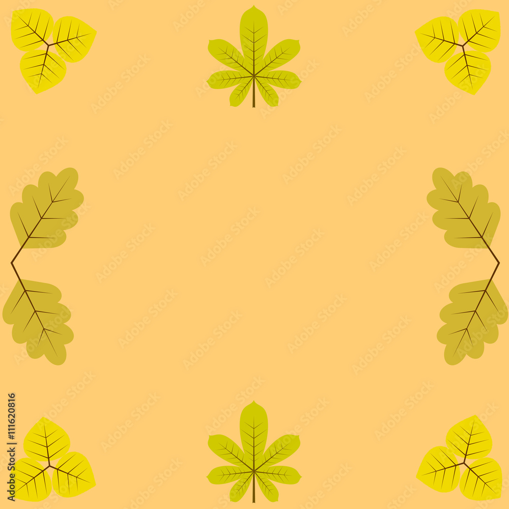 template, blanks for greetings and recordings, surrounded by yellow leaves of chestnut, birch and oak.