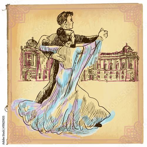 An hand drawn vector, colored line art - Waltz dance
