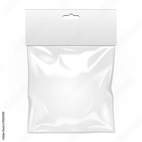 White Blank Plastic Pocket Bag. Transparent. With Hang Slot. Illustration Isolated On White Background. Mock Up Template Ready For Your Design. Vector EPS10