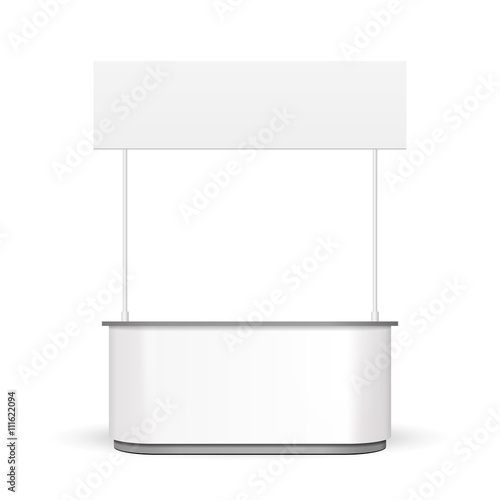 White POS POI Blank Empty Retail Stand Stall Bar Display With Roof, Canopy. On White Background Isolated. Mock Up Template Ready For Your Design. Product Packing Vector EPS10