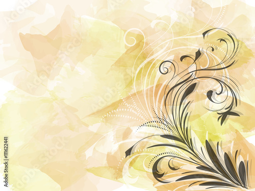 Corner of abstract black floral ornament on yellow background watercolour brush strokes