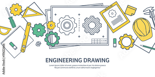 Lined, outline. Vector illustration. Engineering and architecture. Drawing, construction. Architectural project. Design, sketching. Workspace with tools. Planning, building.