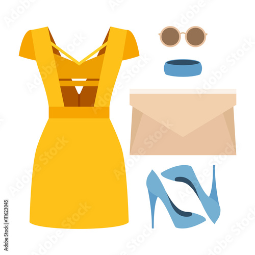 Set of trendy women's clothes with dress and accessories. Vector illustration