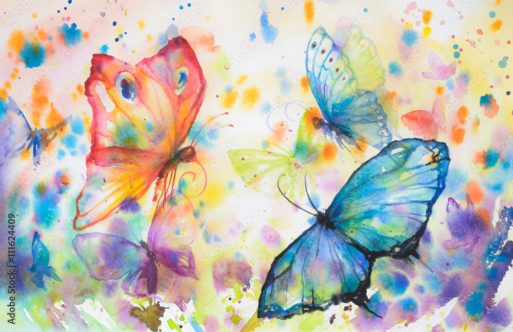 Handpainted colorful background with flying butterflies.Picture created with watercolors.
