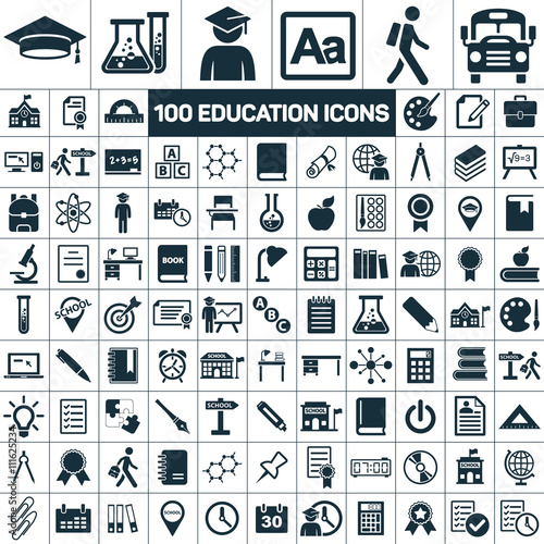 100 education school graduation icons set on white background