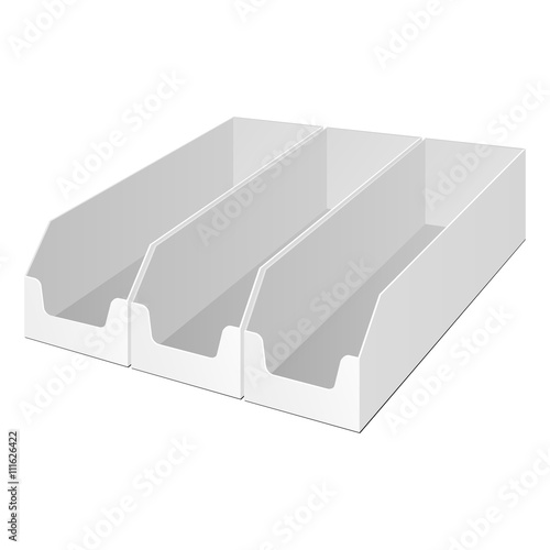Three Product Holders Box POS POI Cardboard Blank Empty Displays Products. Illustration Isolated On White Background. Mock Up Template Ready For Your Design. Vector EPS10