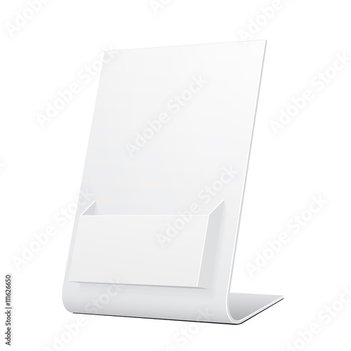 White POS POI Filled Cardboard Blank Empty Show Box Holder For Advertising Fliers, Leaflets Or Products. Illustration Isolated On White Background. Mock Up Template Ready For Your Design. Vector EPS10
