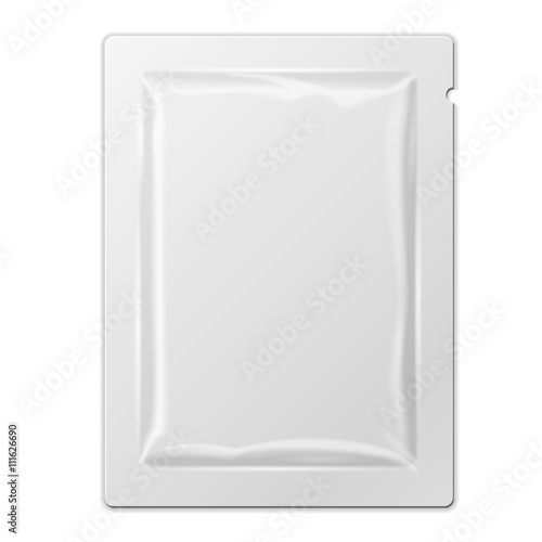 White Blank Retort Foil Packaging Medicine Drugs Or Coffee, Salt, Sugar, Pepper, Spices, Sachet, Sweets, Candy Or Condom. Isolated Mock Up Template Ready For Your Design. Product Packing Vector EPS10