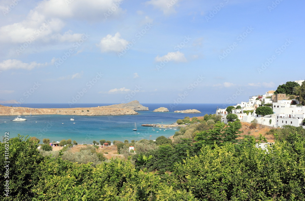 View of Lindos Bay, Rhodes. Dodecanese Islands, Greece, Europe.