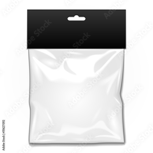 White Black Blank Plastic Pocket Bag. Transparent. With Hang Slot. Illustration Isolated On White Background. Mock Up Template Ready For Your Design. Vector EPS10