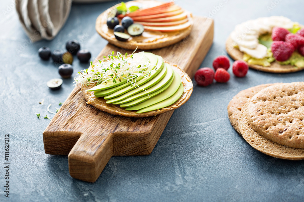 Wholegrain bread with variety of toppings Wholegrain bread with variety of toppings