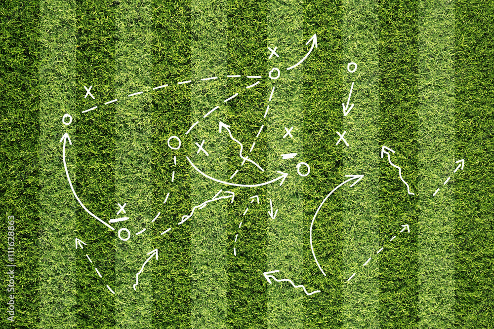 Soccer game play strategy plan concept on football field background. Soccer  team play strategy planning conceptual background. Hand drawn arrows and  other captions on grass background. Stock Photo | Adobe Stock