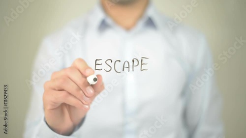 Escape Route, man writing on transparent screen