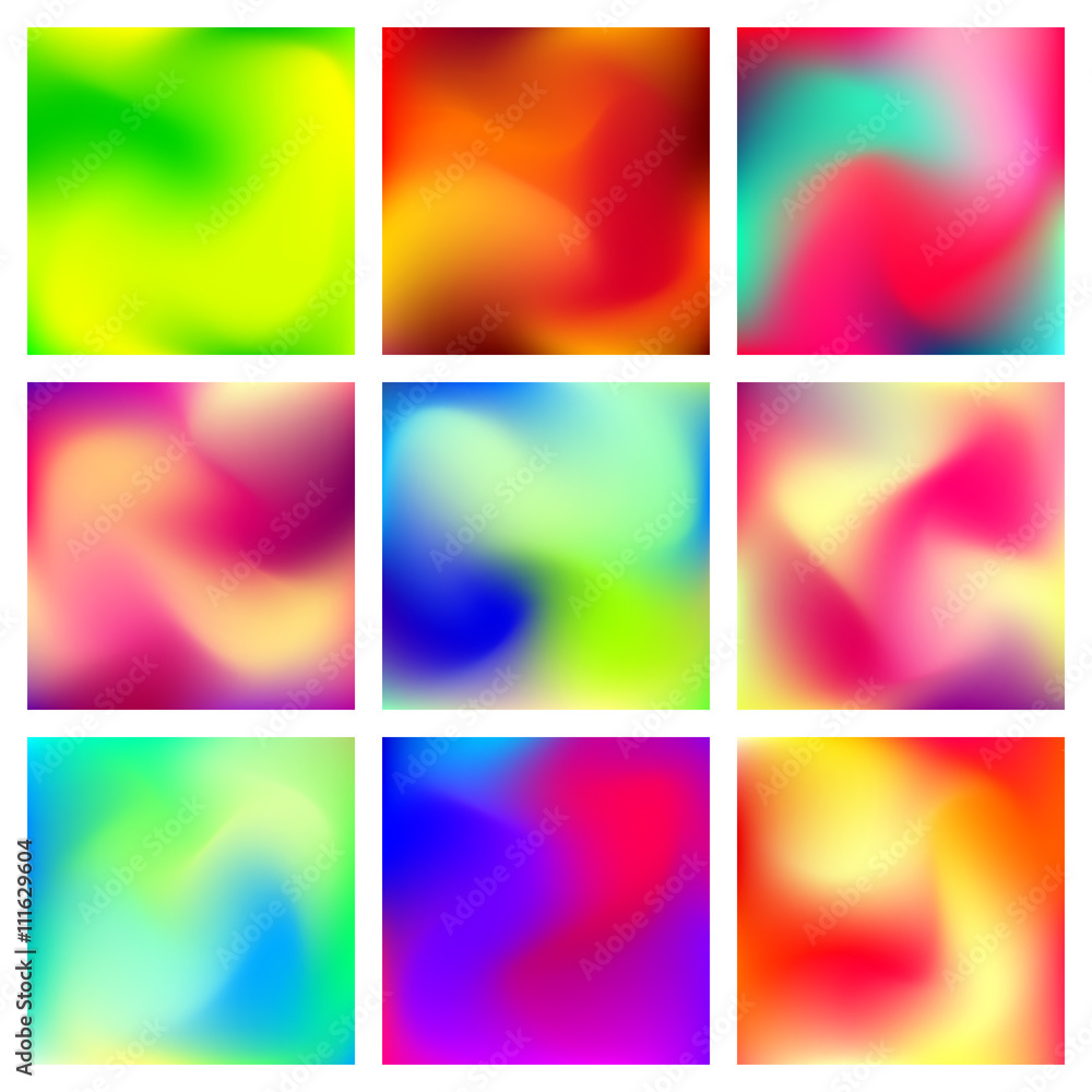 Abstract blur gradient backgrounds set with trend red, orange, yellow, blue, green and purple colors for deign concepts, wallpapers, business presentations, web and prints. Vector illustration