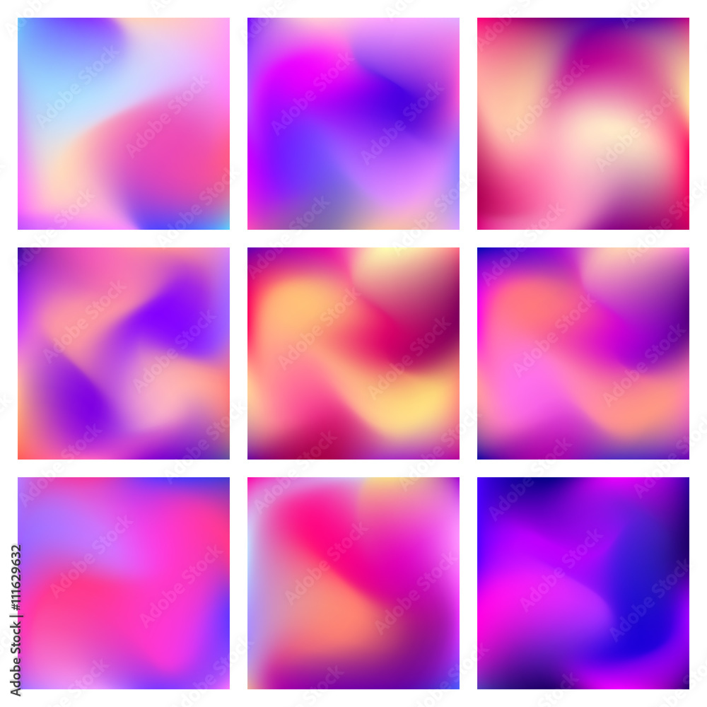 Abstract blur gradient backgrounds set with trend pastel pink, purple, violet, orange and blue colors for deign concepts, wallpapers, business presentations, web and prints. Vector illustration.