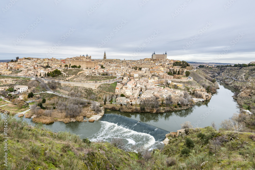 Ancient city of Toledo, Waterfall on the Tagus River. Spain