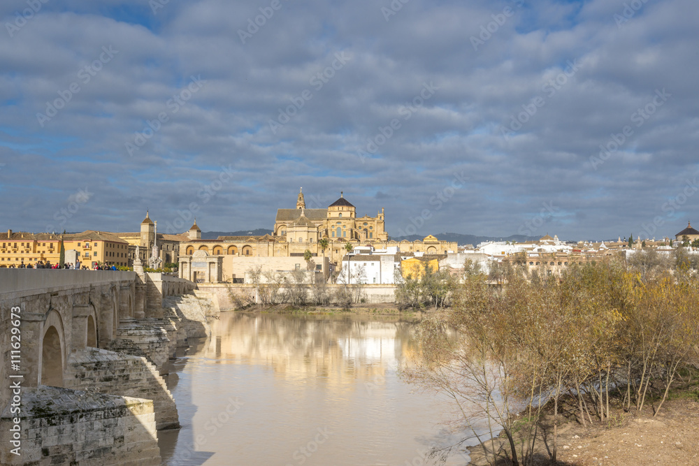 Panoramic view of the historic center of Cordoba. The Roman Bridge across the Guadalquivir river and the Cathedral-Mosque of Cordoba. Andalusia. Spain.