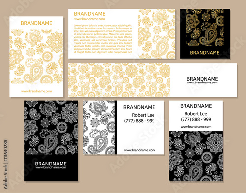 Vector set of business cards flayers banners with oriental pattern.