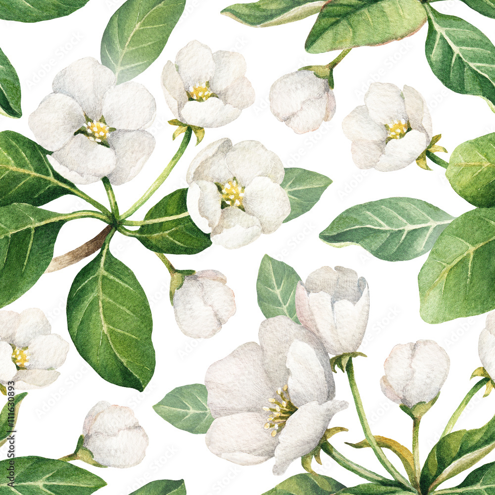 Obraz premium Seamless pattern with watercolor illustrations of apple flowers
