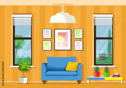 Modern colorful room interior with furniture: armchair, table, windows, flowerpots. Flat style vector illustration.