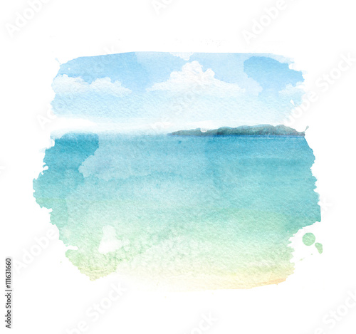Watercolor illustration of a tropical beach