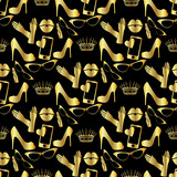 Stylish beauty women's accessories .  Gold on the black. Seamless pattern.(Can be repeated and scaled in any size.)