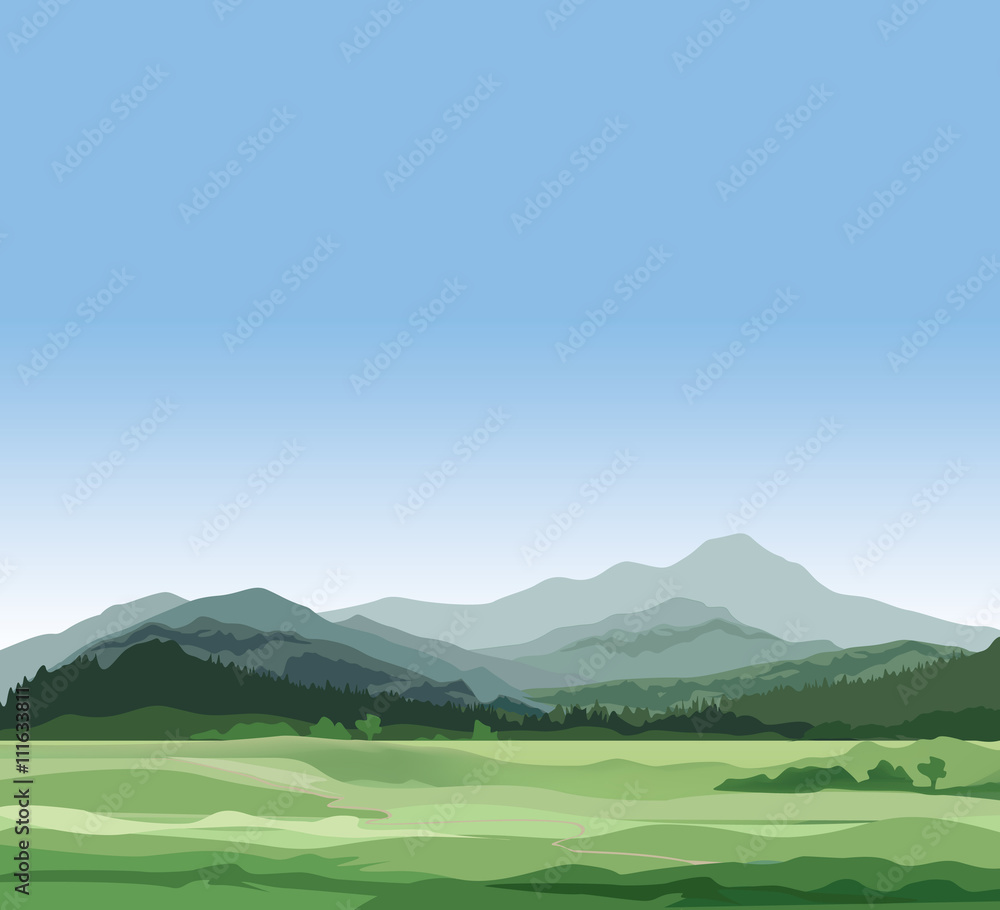Rural landscape Nature background Hills, mountains. Vector countryside fields view 