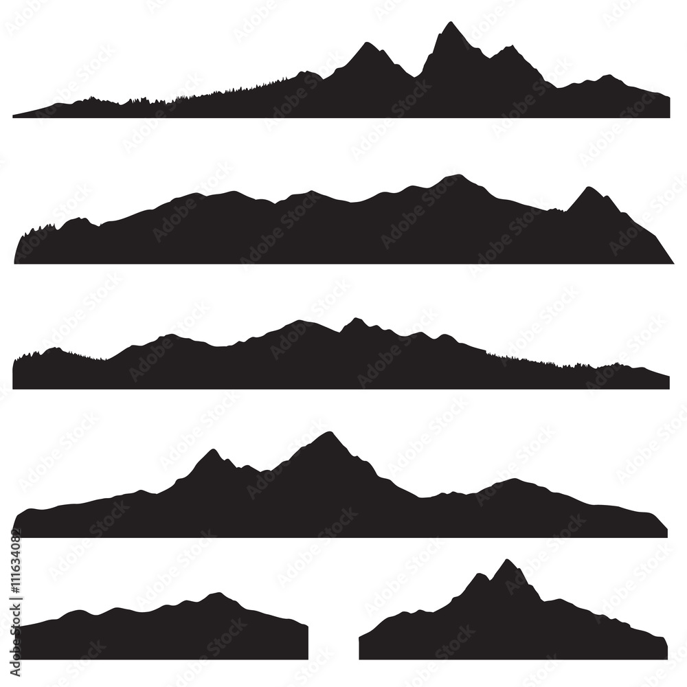Mountains landscape silhouette set. High mountain skyline border