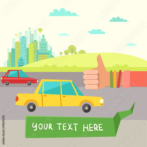 Hitchhiking tourism. Vector illustration in flat style. Young Hitchhiker on city background with road and cars.