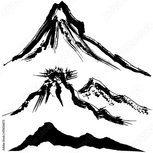 山　火山　墨絵