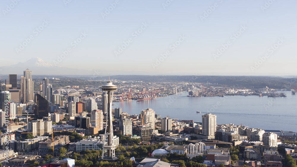 Seattle, Washington Urban Skyline of the Downtown City Aerial Panoramic View. Scenic Northwest Buildings, Waterfront Elliot Bay, and Landmarks Seattle, Washington Urban Skyline of the Downtown City Aerial Panoramic View. Scenic Northwest Buildings, Waterfront Elliot Bay, and Landmarks