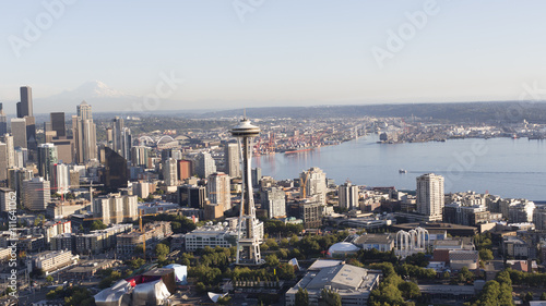 Seattle, Washington Urban Skyline of the Downtown City Aerial Panoramic View. Scenic Northwest Buildings, Waterfront Elliot Bay, and Landmarks