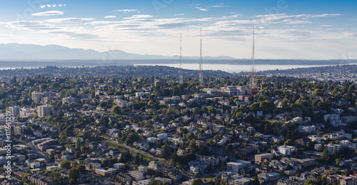 Queen Anne Hill Neighborhood, Downtown Seattle, Washington - Aerial Birds Eye View of the Pacific Ocean, Olympic Mountains
