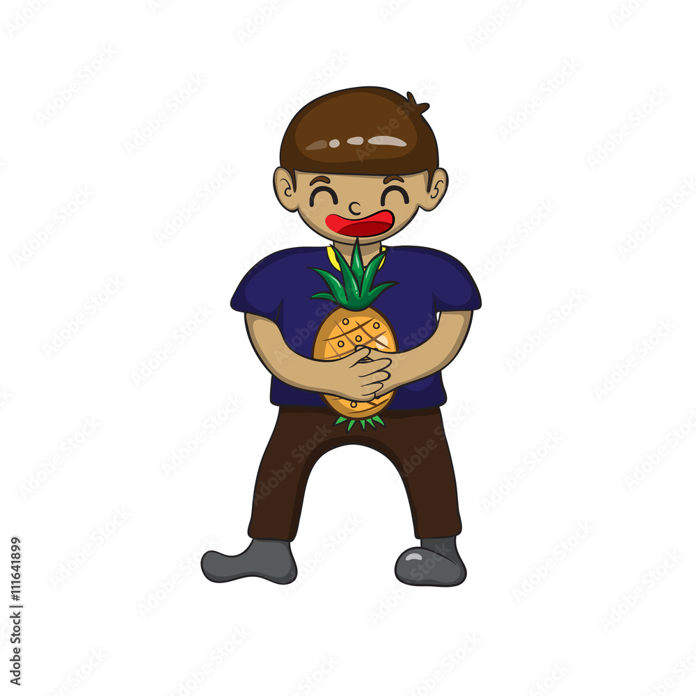 Cartoon character holding a pineapple, vector illustration