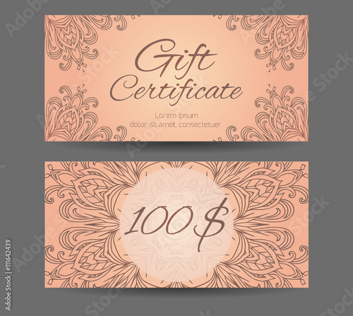 Template gift certificate for yoga studio, spa center, massage parlor, beauty salon. Abstract pattern mandala