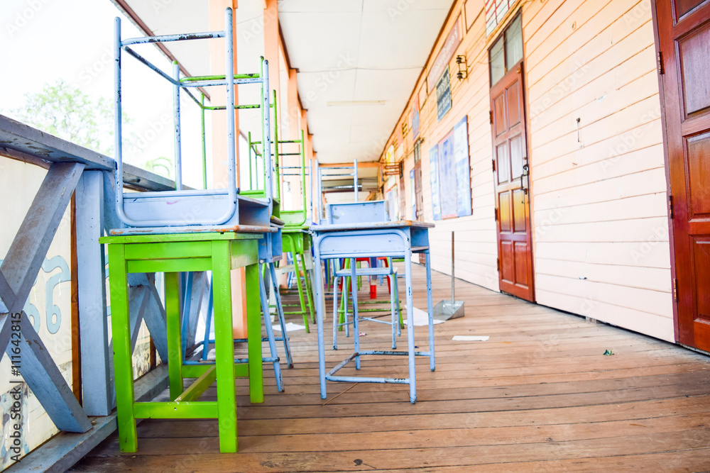 School Building with school desks,Back to school concept School Building with school desks,Back to school concept