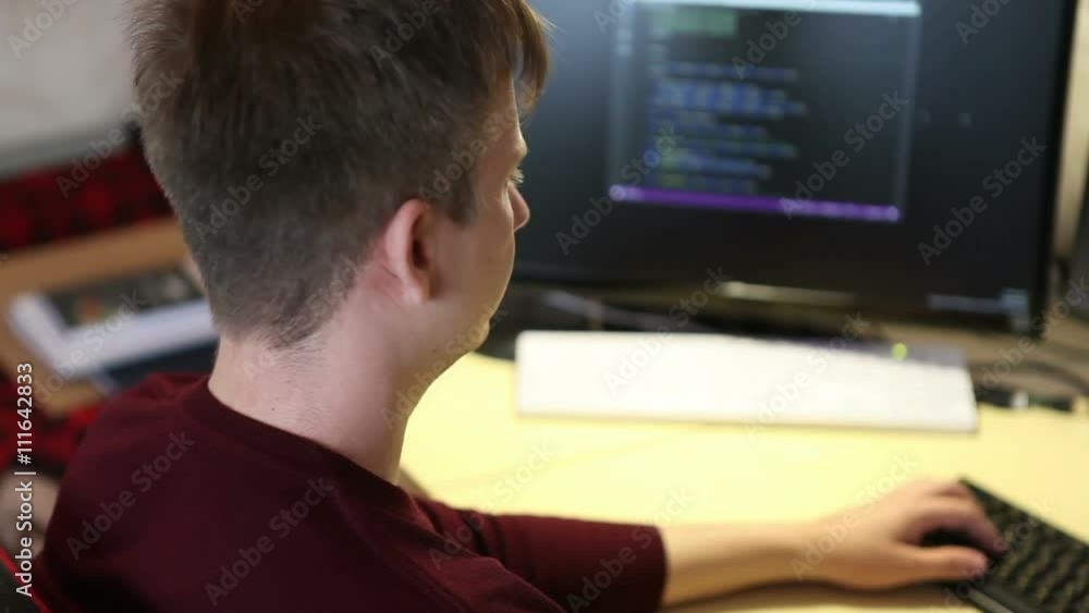 Freelance programmer writes a program while sitting at the computer Freelance programmer writes a program while sitting at the computer